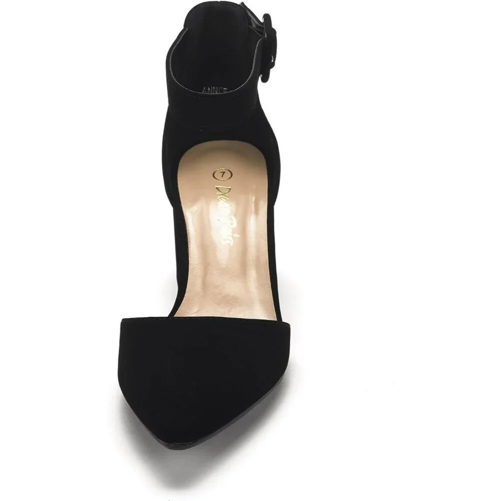 Women's Black Pointed Toe Heels with Ankle Strap 2.25 Inches Block Heel Black - Picture 6 of 6